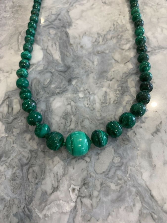 Antique Vintage Art Deco Natural  banded Malachite Necklace stunning hand cut beads