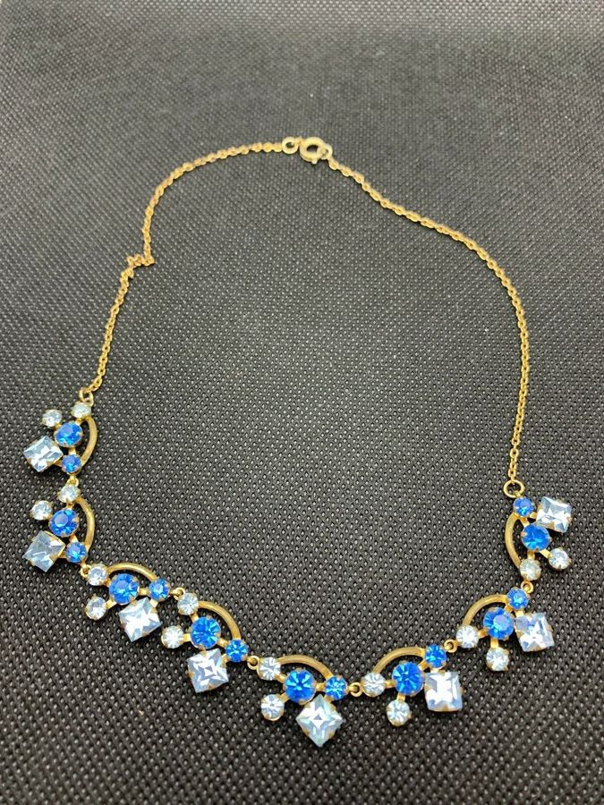 Antique Vintage Art Deco Diamante Necklace Costume1920s 1930s Evening Blue Gold Necklace