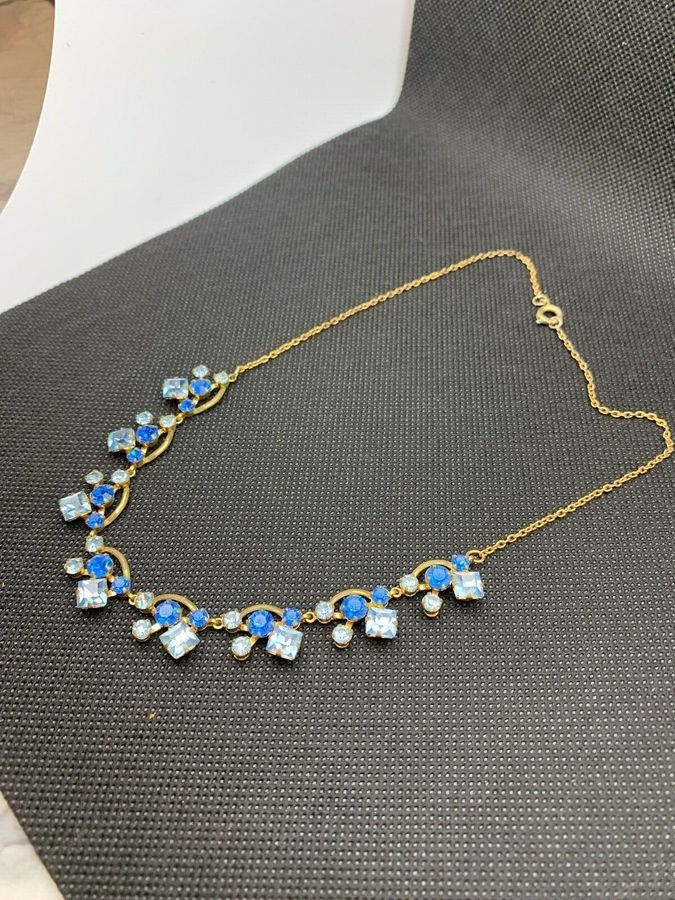 Antique Vintage Art Deco Diamante Necklace Costume1920s 1930s Evening Blue Gold Necklace