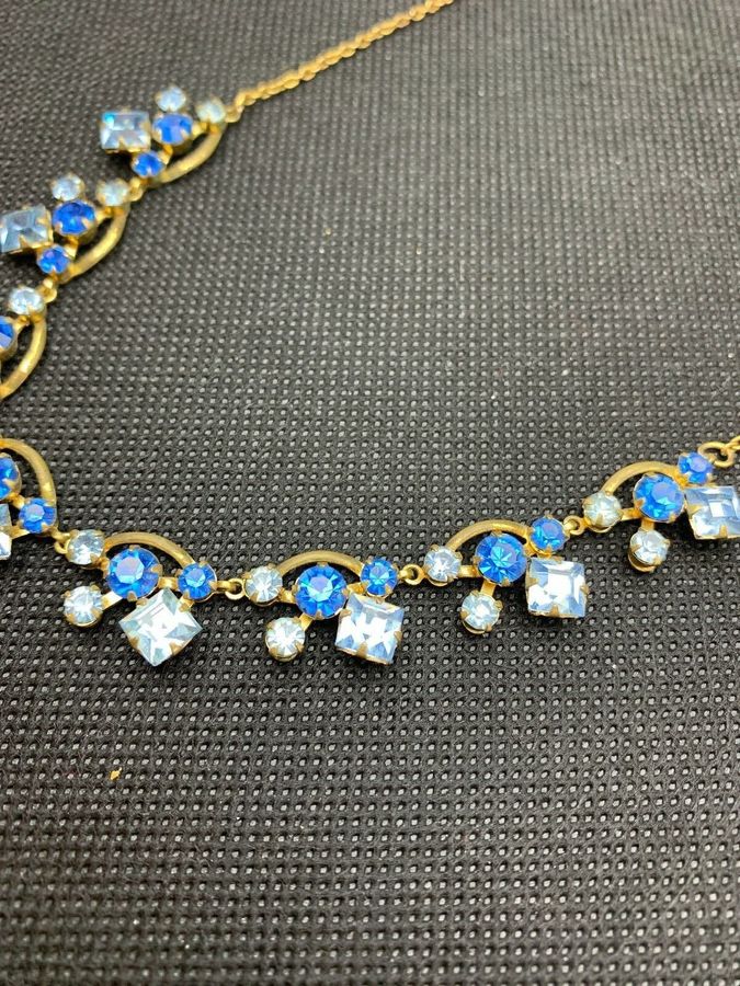 Antique Vintage Art Deco Diamante Necklace Costume1920s 1930s Evening Blue Gold Necklace