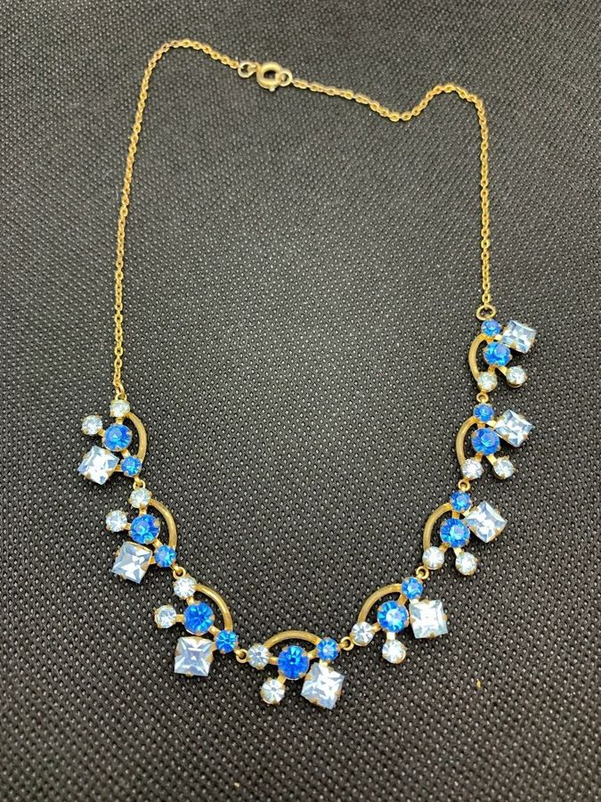 Antique Vintage Art Deco Diamante Necklace Costume1920s 1930s Evening Blue Gold Necklace