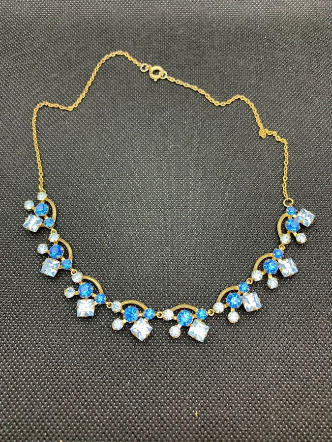 Antique Vintage Art Deco Diamante Necklace Costume1920s 1930s Evening Blue Gold Necklace