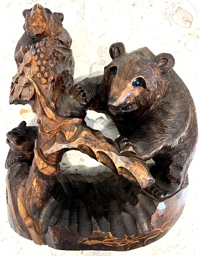 Antique Antique  Swiss Black Forest Bear Group Large 42cm high  approx Signed