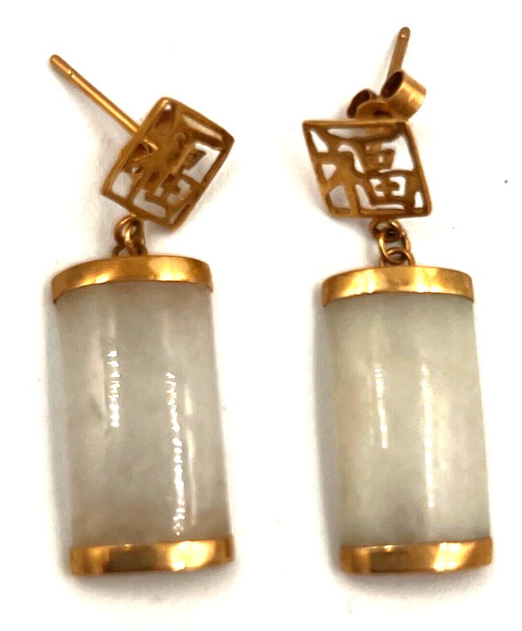 Antique Antique Chinese Art Deco 9CT Gold & White Jadeite Drop Earrings Pierced Ears