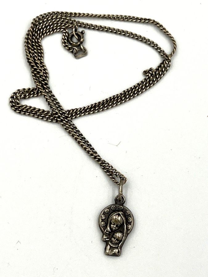 Antique Vintage Religious Solid Silver Jesus and Mary  Pendant And Chain Italian