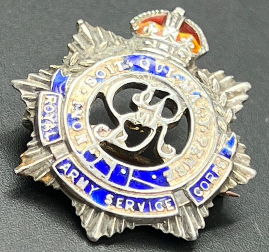 Antique Vintage Silver ROYAL ARMY SERVICE CORPS Badge Brooch Enamelled