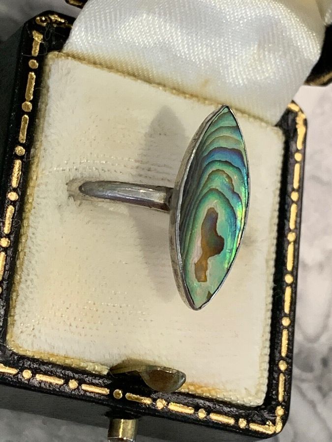 Antique Vintage Solid Silver Hallmarked Abalone Shell Ring Size N