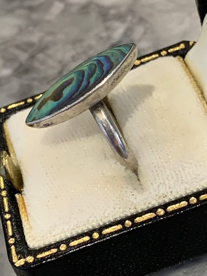 Antique Vintage Solid Silver Hallmarked Abalone Shell Ring Size N