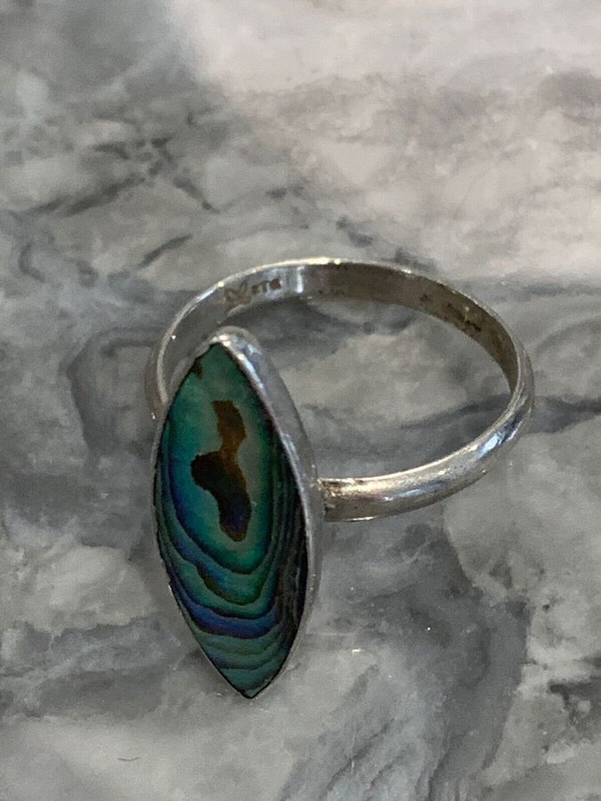 Antique Vintage Solid Silver Hallmarked Abalone Shell Ring Size N