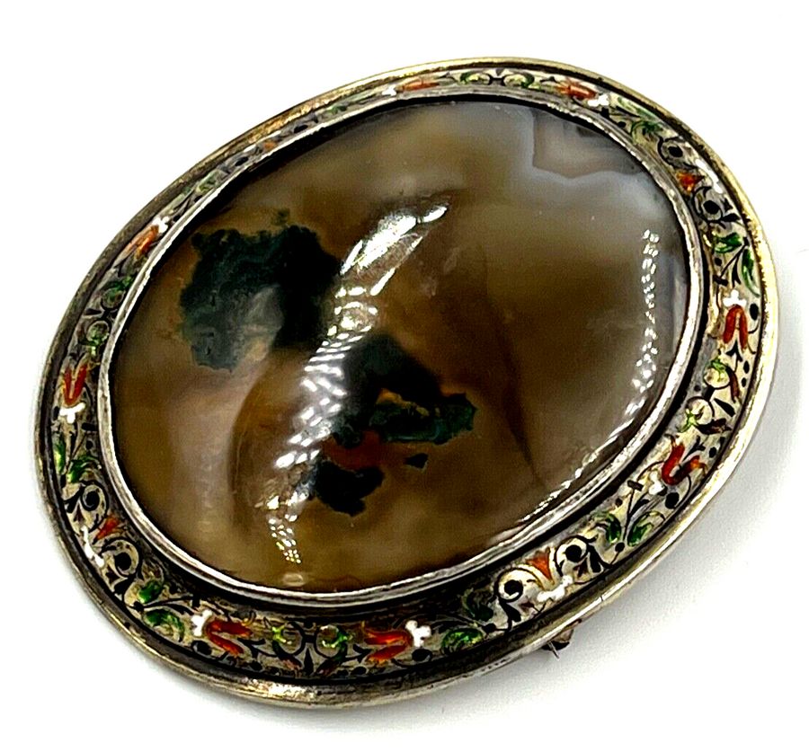 Antique Antique Victorian Large Brooch Dendritic Agate Enamelled Solid Silver Hallmarked