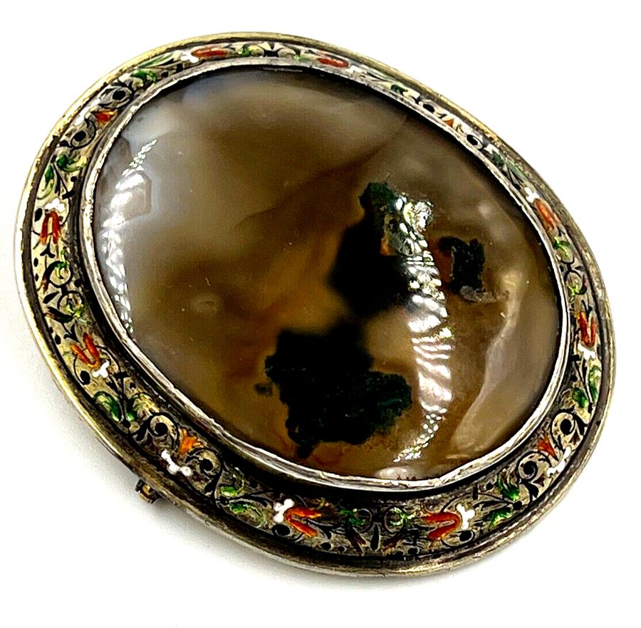 Antique Antique Victorian Large Brooch Dendritic Agate Enamelled Solid Silver Hallmarked