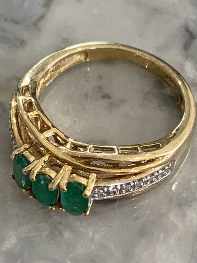 Antique Vintage Art Deco Solid Sterling Silver Gilt Ring Set With Chrysoprase