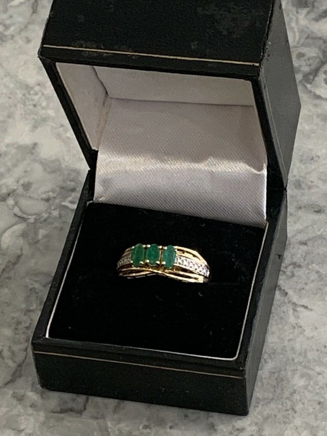 Antique Vintage Art Deco Solid Sterling Silver Gilt Ring Set With Chrysoprase