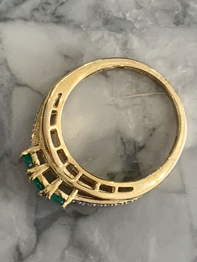 Antique Vintage Art Deco Solid Sterling Silver Gilt Ring Set With Chrysoprase