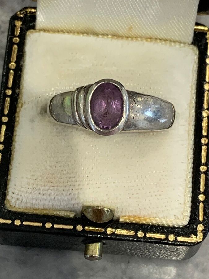 Vintage Solid Silver Tested Ring Set with Amethyst  Size P Asymmetrical Design