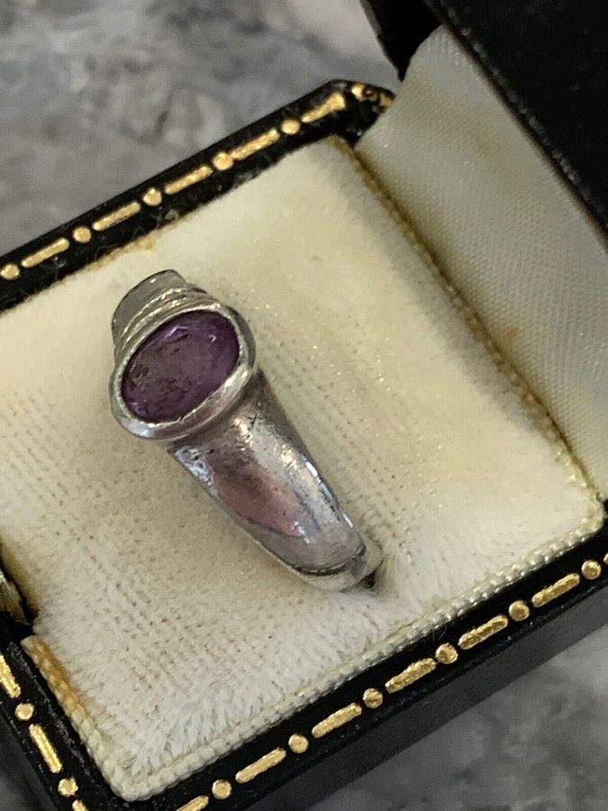 Antique Vintage Solid Silver Tested Ring Set with Amethyst  Size P Asymmetrical Design