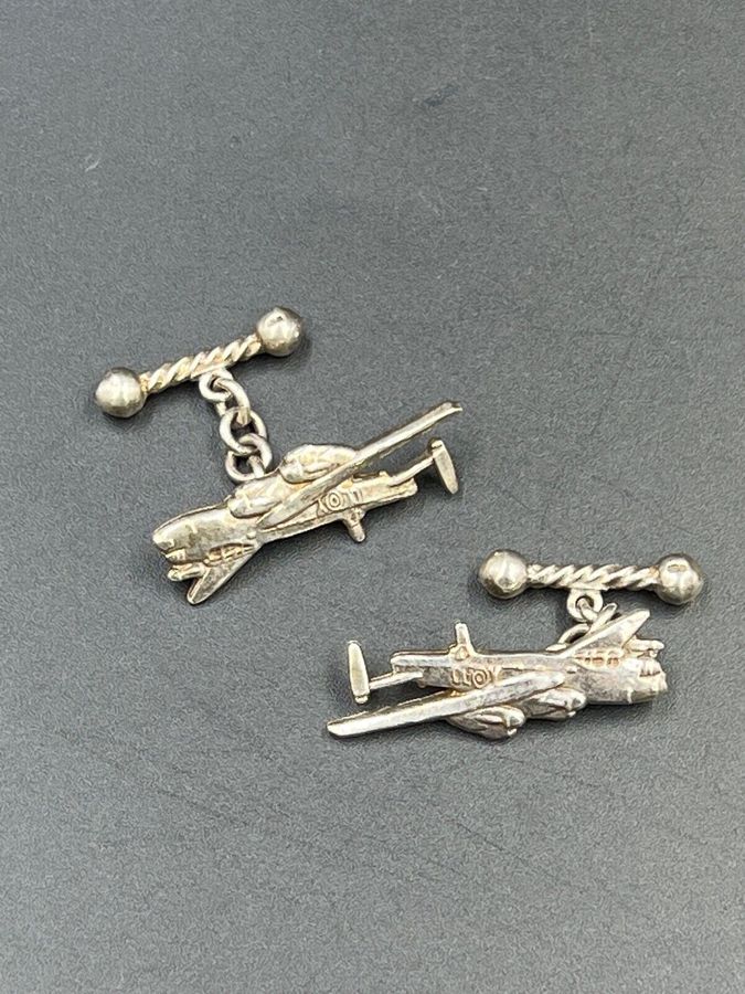 Antique Vintage Solid Silver Cufflinks Royal Airforce Aircraft Bomber Planes  1939-1945