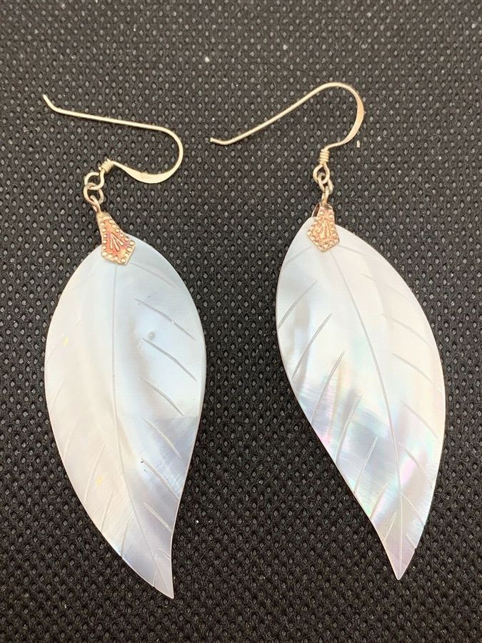 Antique Vintage Art Deco Long Mother of Pearl Shell Earrings