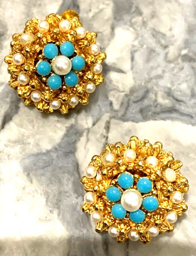 Antique Vintage Art Deco Clip On Earrings Set with Turquoise and Pearl