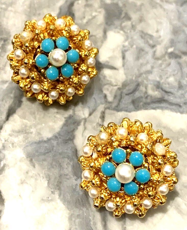 Antique Vintage Art Deco Clip On Earrings Set with Turquoise and Pearl