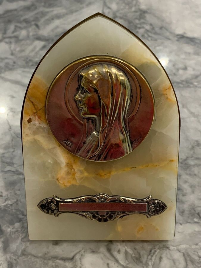 Antique Religious Silver Plated Mary on Solid Onyx French Plaque Stand