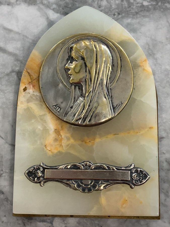 Antique Religious Silver Plated Mary on Solid Onyx French Plaque Stand