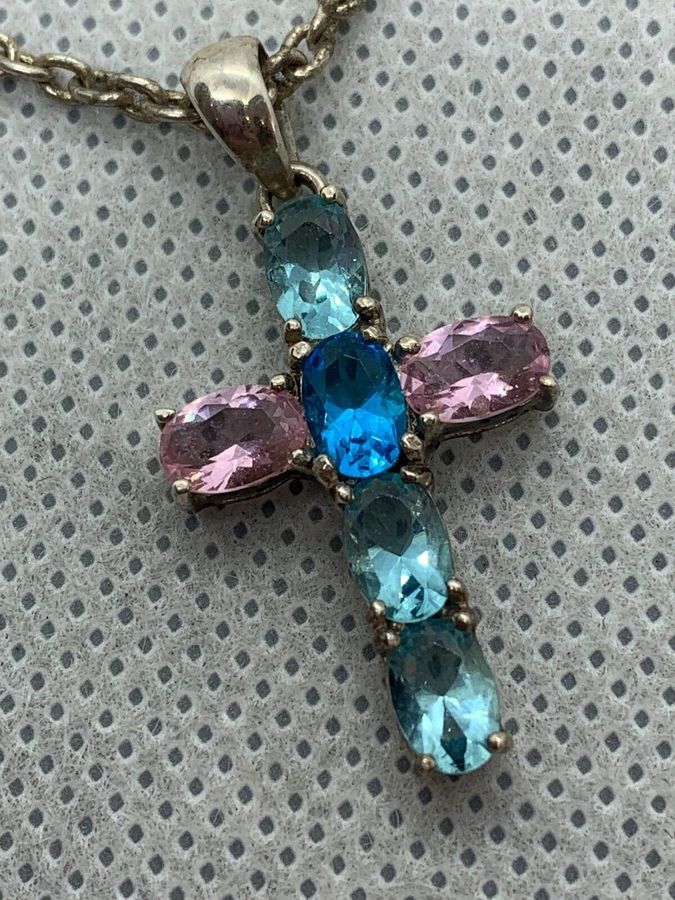 Antique Vintage Art Deco Aquamarine and Sapphire Silver Crucifix Cross on Silver Chain