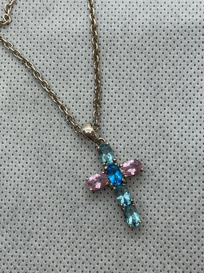 Antique Vintage Art Deco Aquamarine and Sapphire Silver Crucifix Cross on Silver Chain