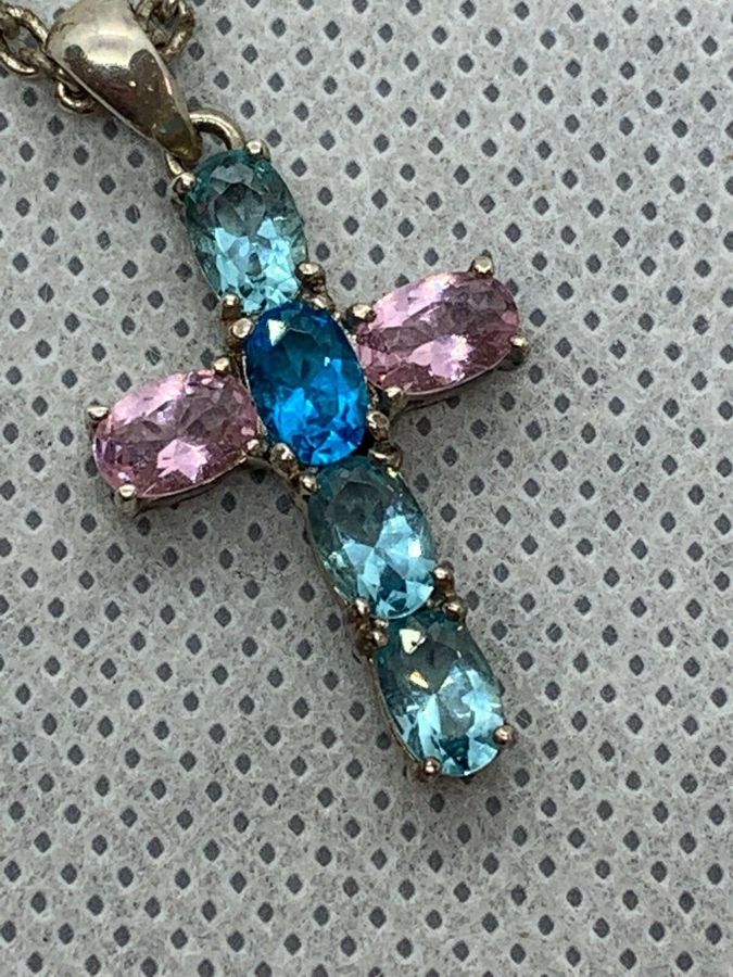 Antique Vintage Art Deco Aquamarine and Sapphire Silver Crucifix Cross on Silver Chain