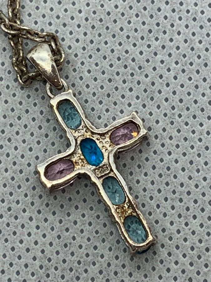 Antique Vintage Art Deco Aquamarine and Sapphire Silver Crucifix Cross on Silver Chain