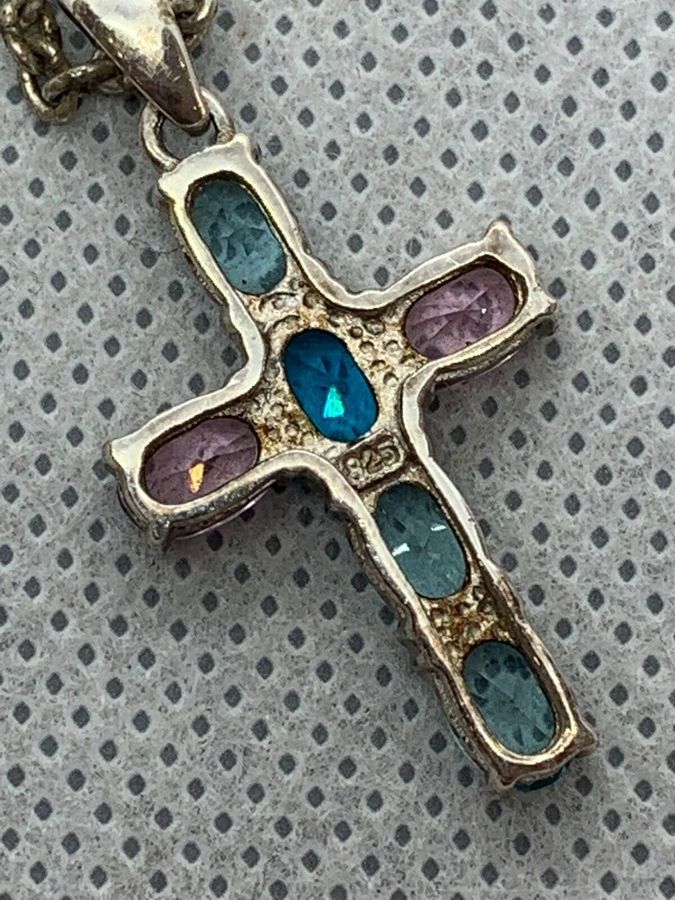 Antique Vintage Art Deco Aquamarine and Sapphire Silver Crucifix Cross on Silver Chain