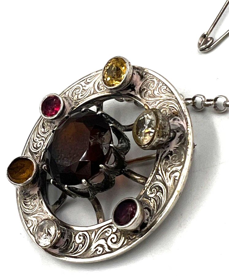 Antique Antique Silver Large Celtic Brooch Cairngorm Citrines & Amethyst Kilt Ornament