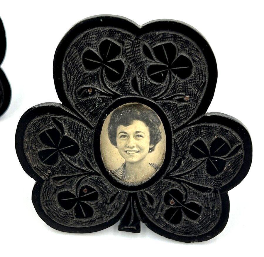 Antique Whitby Jet Photo frames Miniature  Hand Carved Clover Design