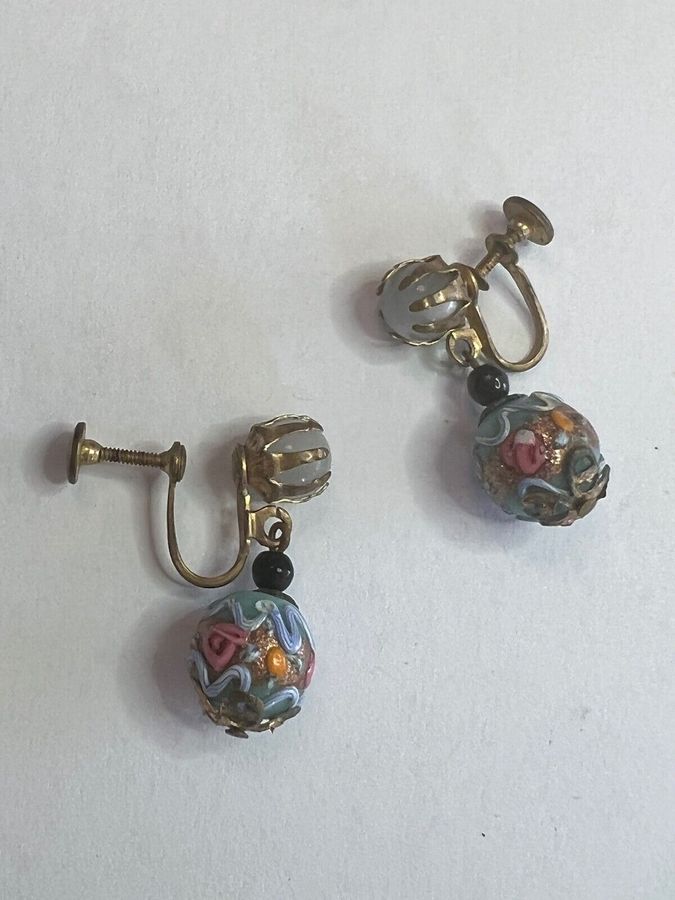 Antique Antique Art Deco Earrings Venetian Murano Hand Worked Glass Lampwork Screw in