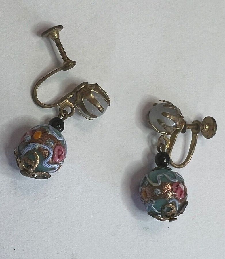 Antique Antique Art Deco Earrings Venetian Murano Hand Worked Glass Lampwork Screw in