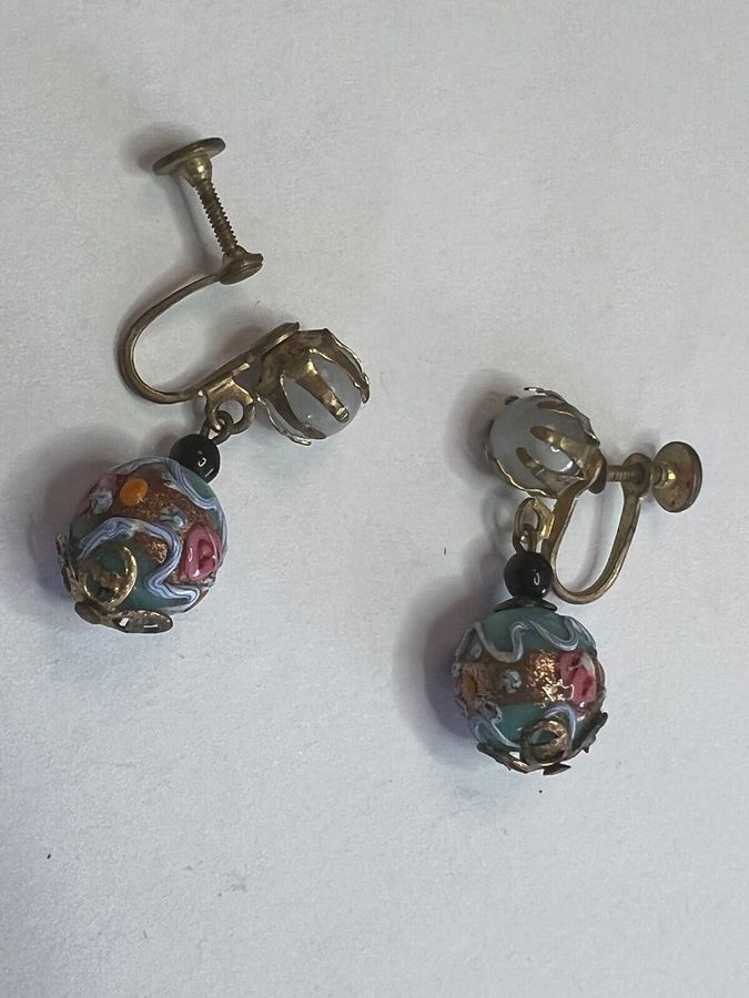 Antique Antique Art Deco Earrings Venetian Murano Hand Worked Glass Lampwork Screw in