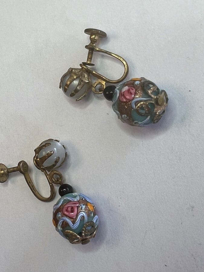 Antique Antique Art Deco Earrings Venetian Murano Hand Worked Glass Lampwork Screw in