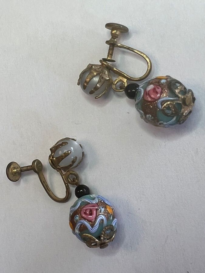 Antique Antique Art Deco Earrings Venetian Murano Hand Worked Glass Lampwork Screw in