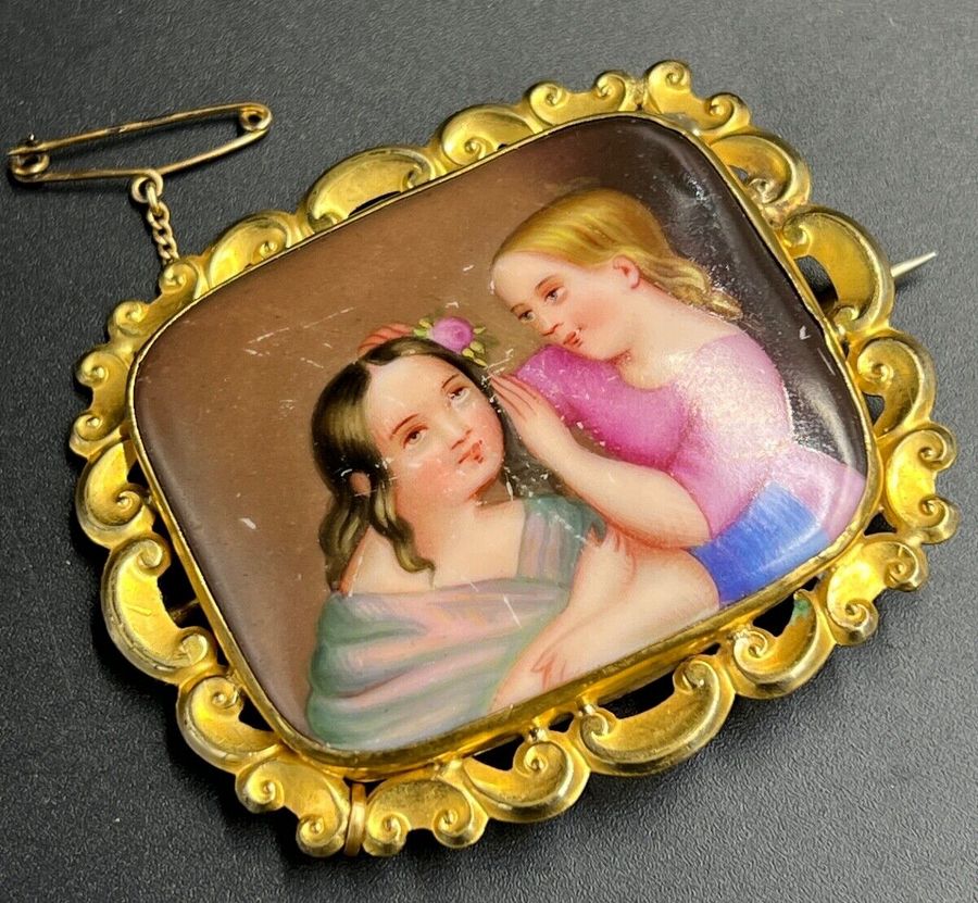 Antique Antique Victorian Large Pinchbeck Brooch Hand Painted Miniature Safety Chain