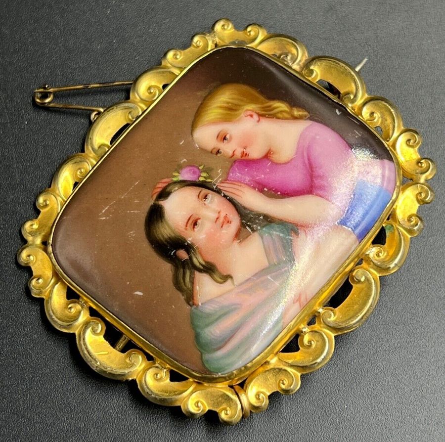 Antique Antique Victorian Large Pinchbeck Brooch Hand Painted Miniature Safety Chain