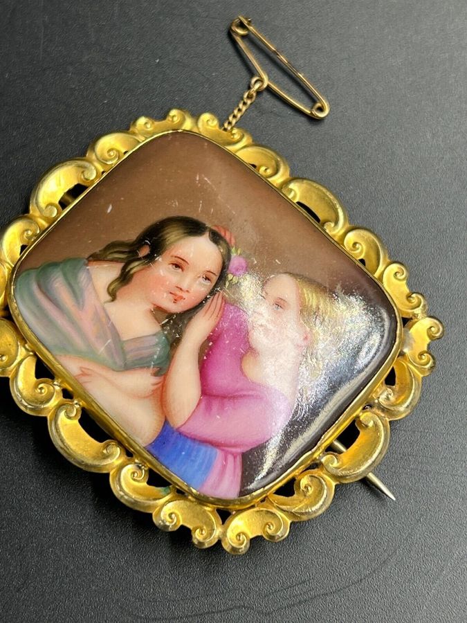 Antique Antique Victorian Large Pinchbeck Brooch Hand Painted Miniature Safety Chain