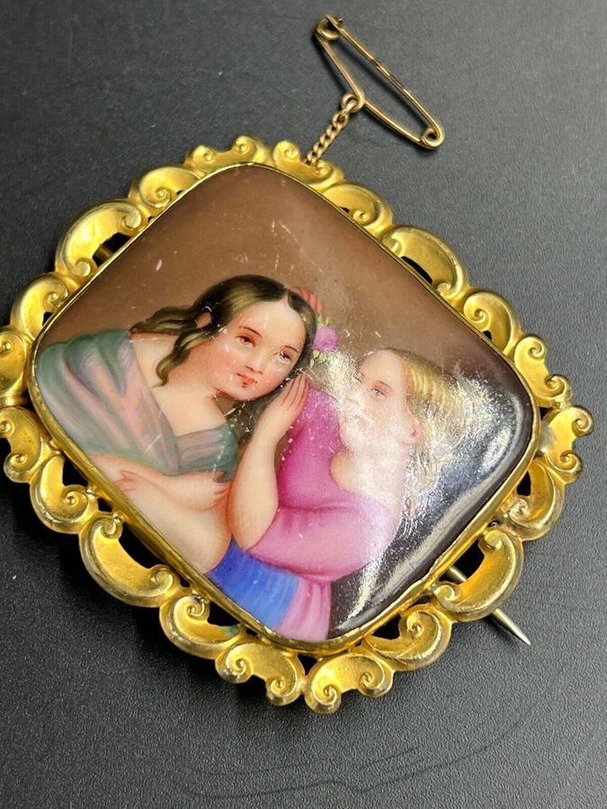 Antique Antique Victorian Large Pinchbeck Brooch Hand Painted Miniature Safety Chain