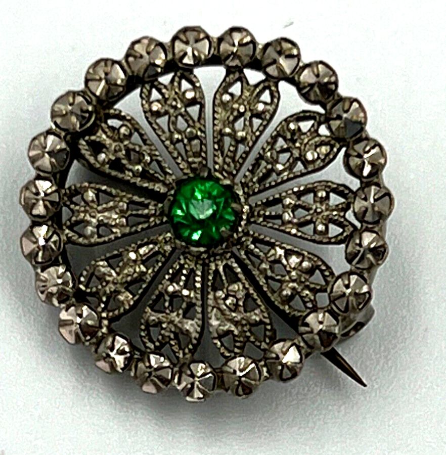 Antique Vintage Small Brooch Set with Czech Green and Marcasite Circular Form