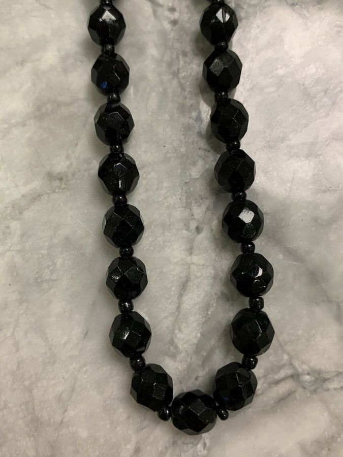 Antique Vintage Art Deco Long French Jet Faceted Necklace 1920s