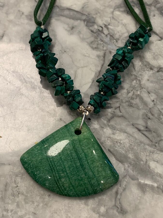 Antique Vintage Art Deco Natural Malachite Necklace Unusual Silver Threading on Leather