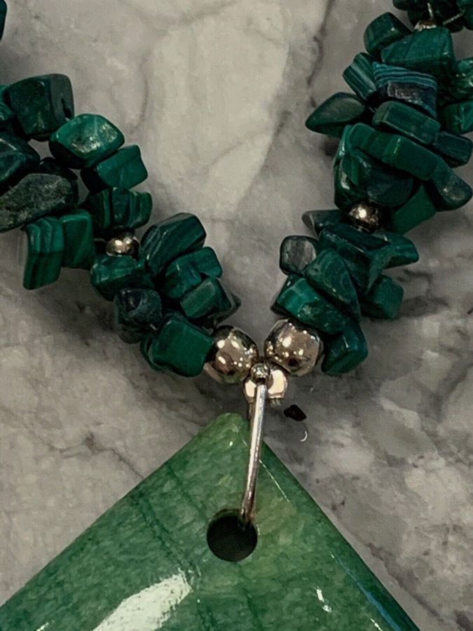 Antique Vintage Art Deco Natural Malachite Necklace Unusual Silver Threading on Leather