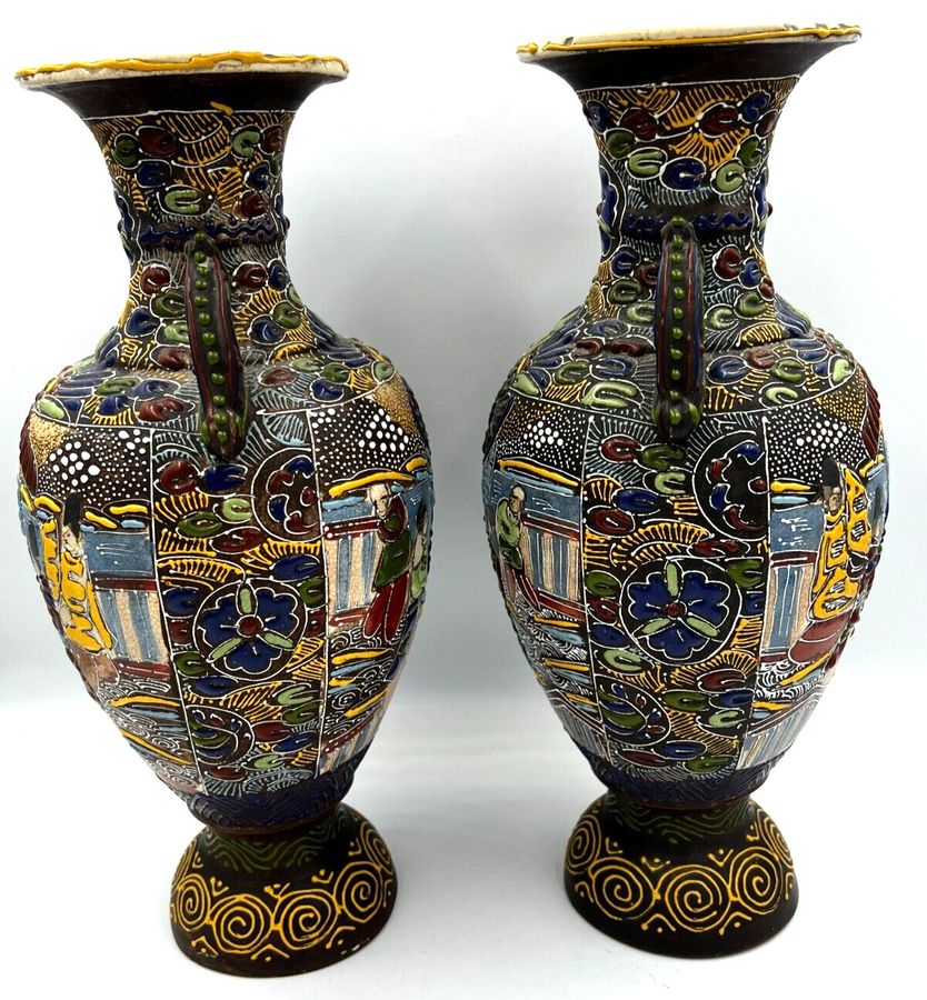 Antique Antique Pair Japanese Pottery Twin Handled Baluster Vases Enamel Decoration