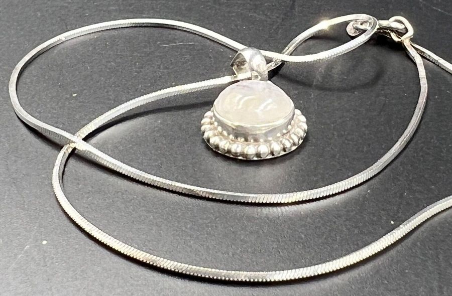 Antique Vintage Art Deco Moonstone Pendant Solid Silver on Solid Silver Chain