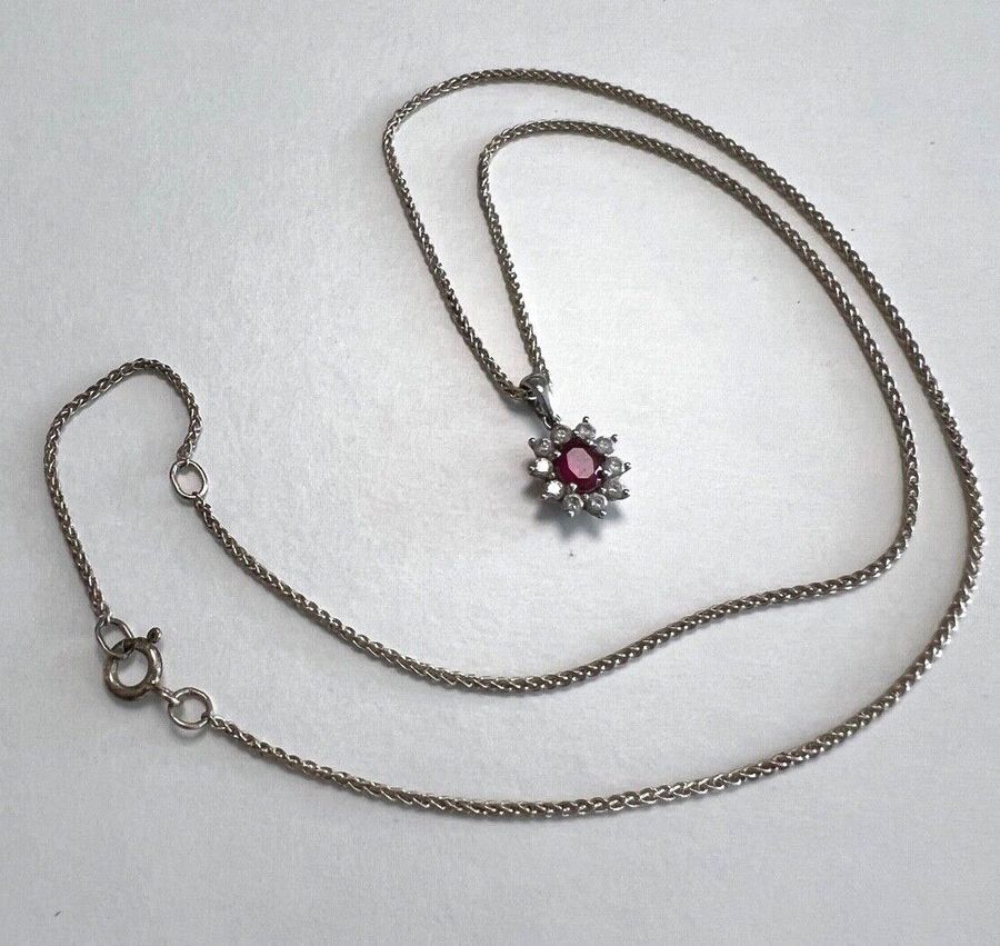 Antique Vintage Solid Silver Pendant on a Silver Chain Set with Pink and White Stones