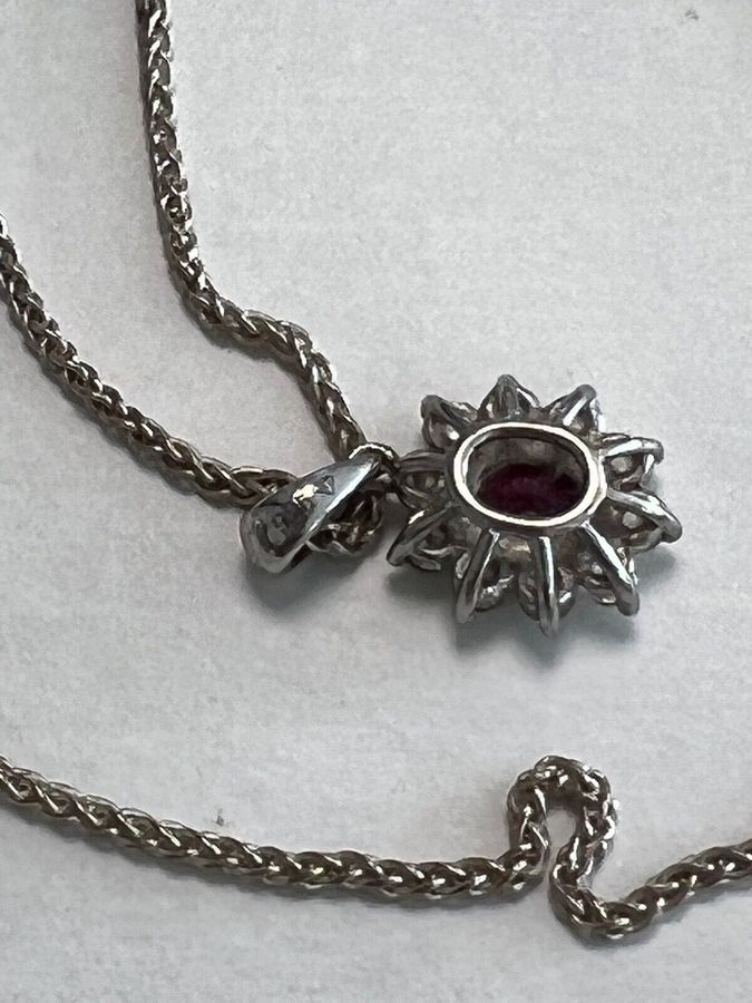 Antique Vintage Solid Silver Pendant on a Silver Chain Set with Pink and White Stones